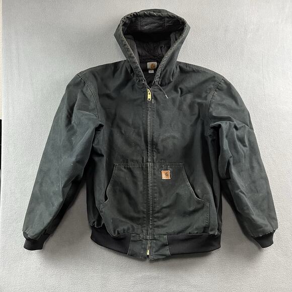 Carhartt Jacket Mens Large Black Canvas Quilt Lined Hooded Full Zip Workwear